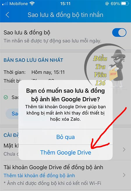 Thêm Google Drive để sao lưu khôi phục tin nhắn đã xóa trên Zalo