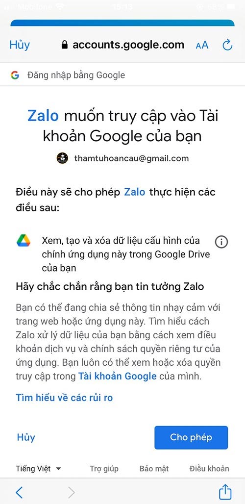 Đăng nhập Gmail để sao lưu khôi phục tin nhắn đã xáo vĩnh viễn trên Zalo