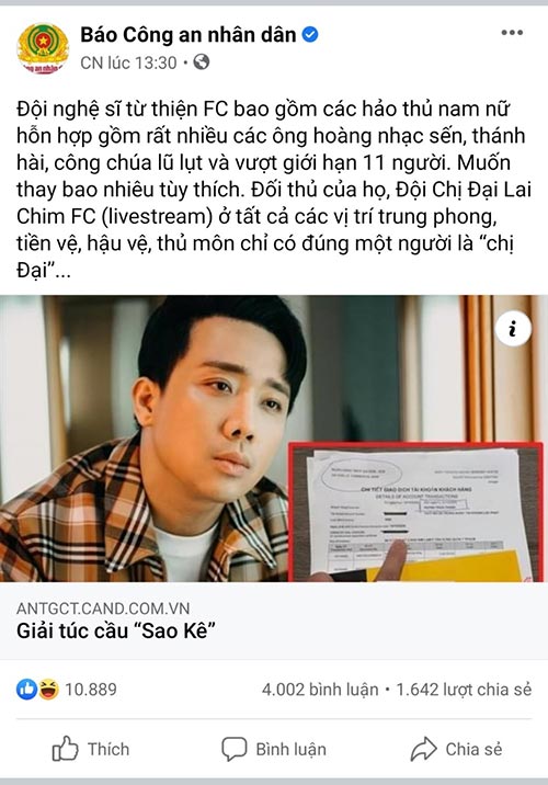 Hoài Linh, Trấn Thành, Thủy Tiên bị báo Công an nhân dân gọi tên