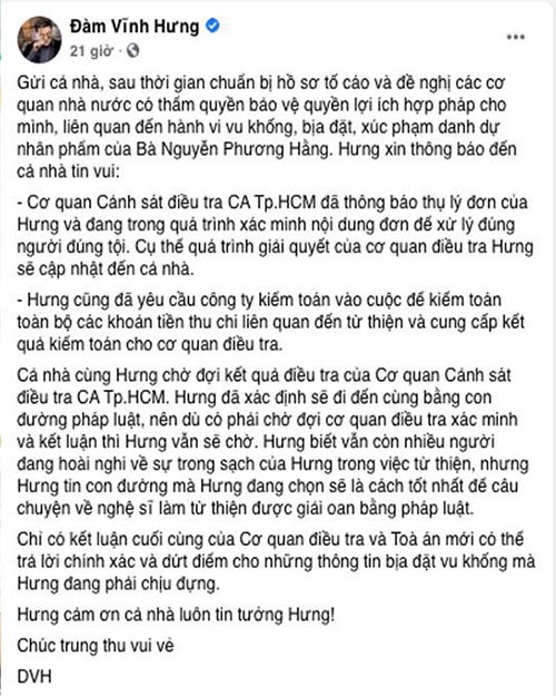 Ca sĩ Đàm Vĩnh Hưng tố cáo bà Nguyễn Phương Hằng “vu khống”, “làm nhục người khác”